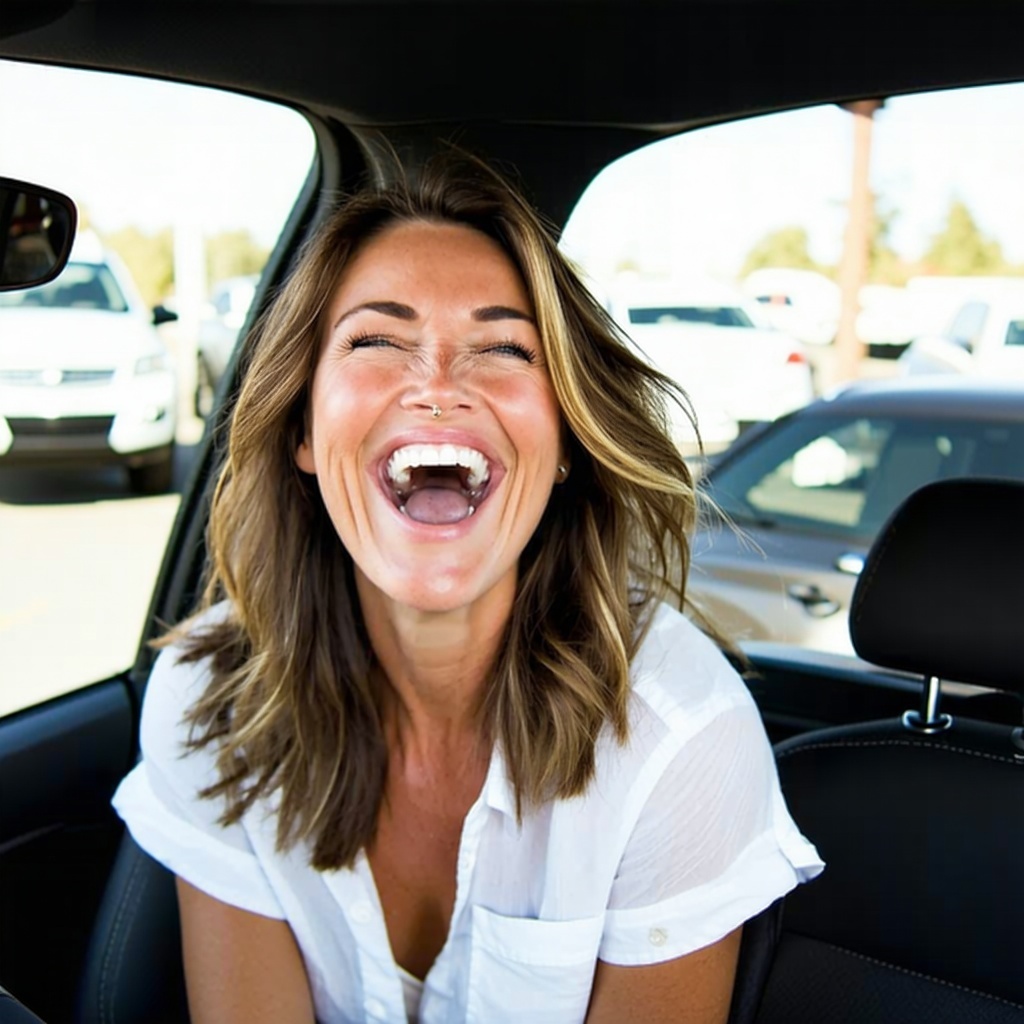 The headshot captures a joyful woman in her mid30s her bright smile radiating excitement and satisfaction after her recent vehicle purchase Her eyes sparkle with delight reflecting the thrill of achieving this milestone while her hair is styled effor